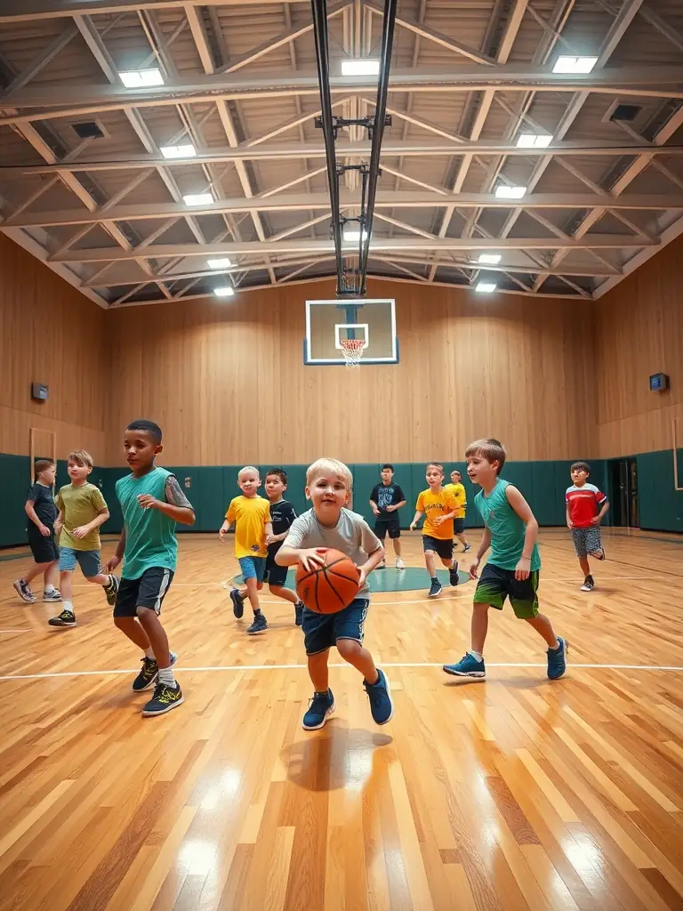 A group of adults engaged in a lively basketball game at an indoor court, emphasizing fitness and community engagement.