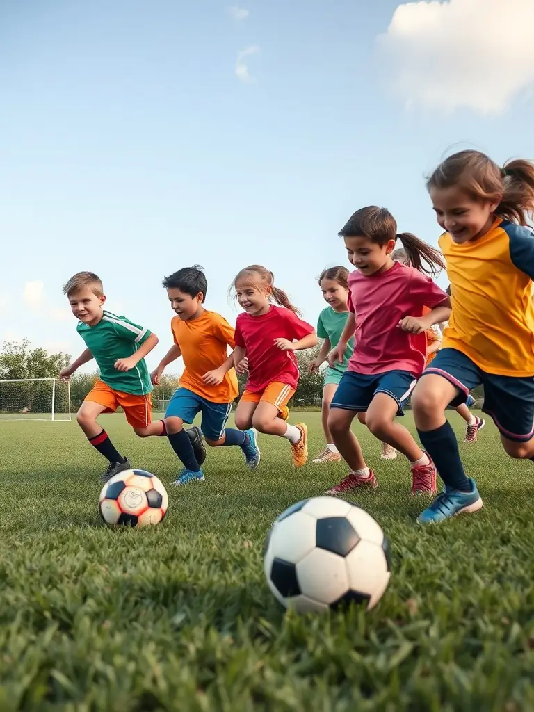 A vibrant image of children participating in a football training session, showcasing teamwork and physical activity, set against a sunny outdoor backdrop in Sylvains-les-Moulins.