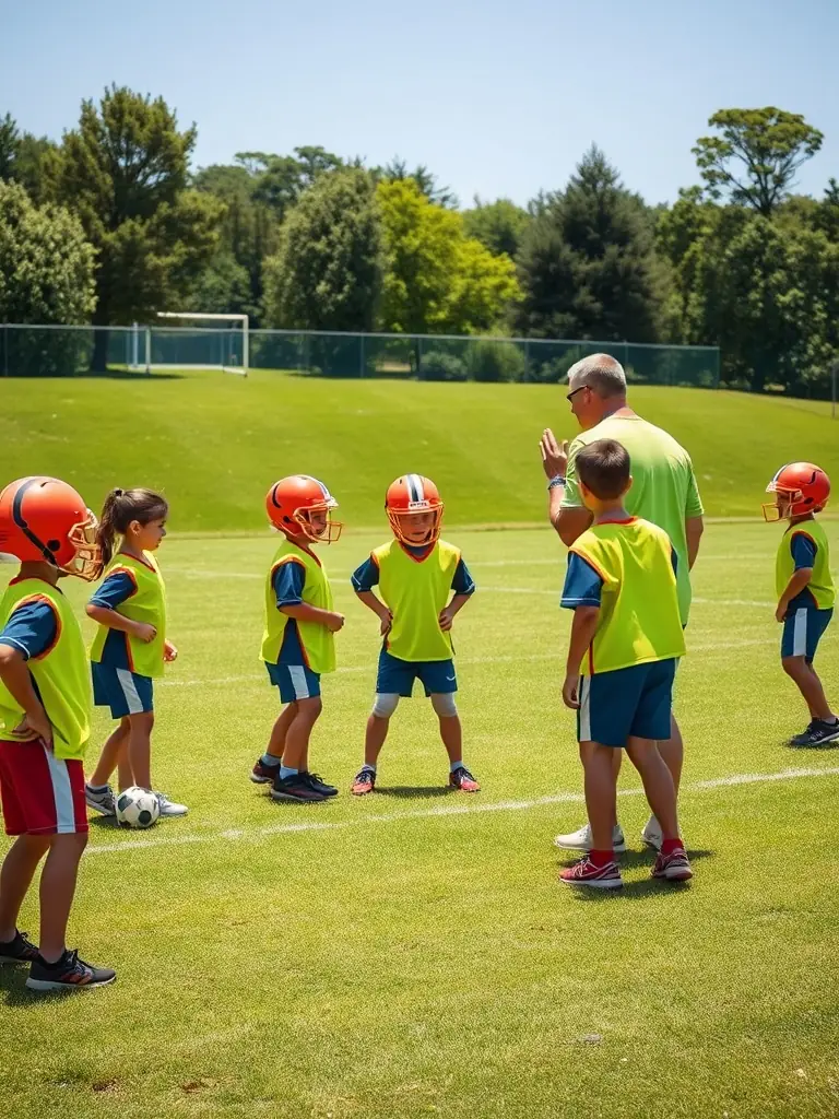 A vibrant photograph capturing children participating in a football training session at a local park, showcasing teamwork and physical activity.