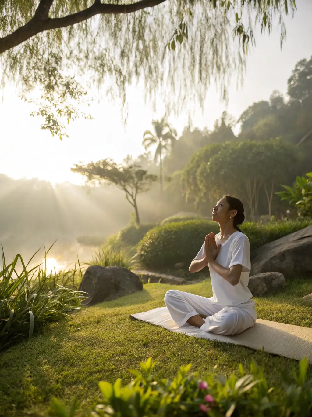 A person happily participating in a yoga class in a park, surrounded by nature, symbolizing the well-being benefits offered by ITON SPORTS AND CULTURE.