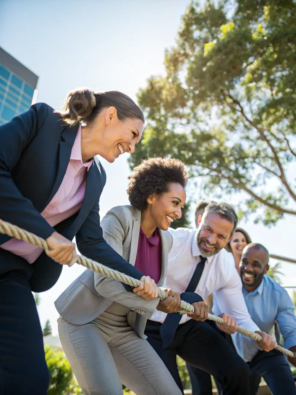 A group of diverse individuals participating in a team-building exercise outdoors, smiling and collaborating closely, representing the social inclusion aspect of ITON SPORTS AND CULTURE.