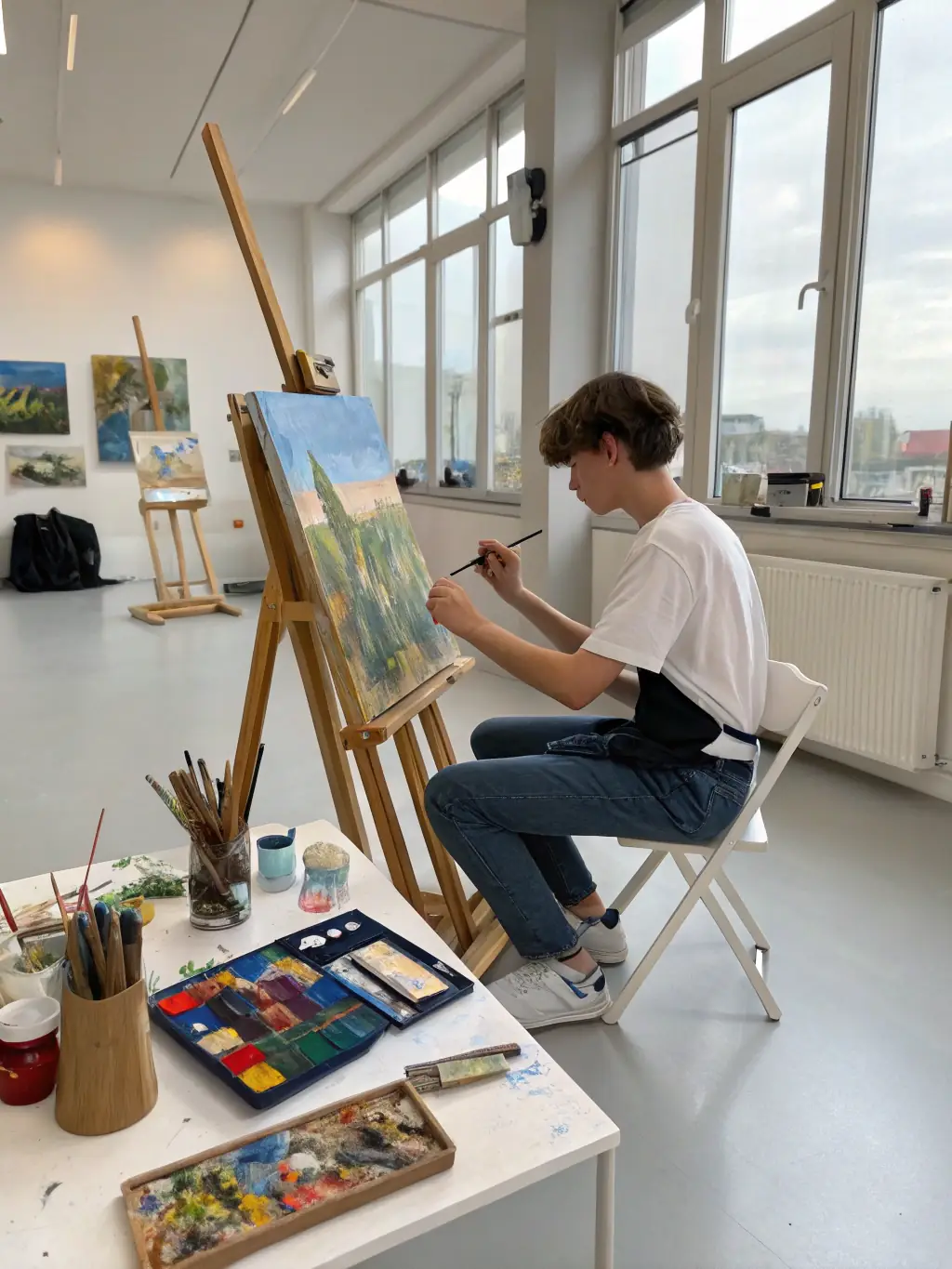 A person learning a new skill in a cultural workshop, such as painting or playing a musical instrument, representing the personal growth opportunities.