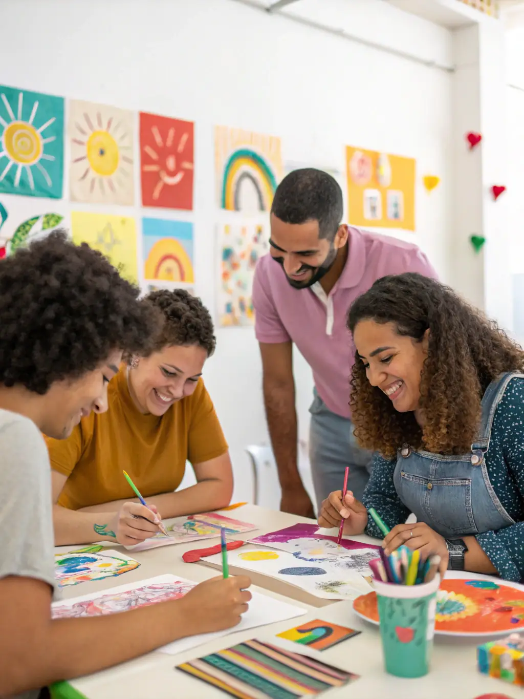 A colorful image of participants creating artwork during a cultural workshop, highlighting creativity and cultural expression.