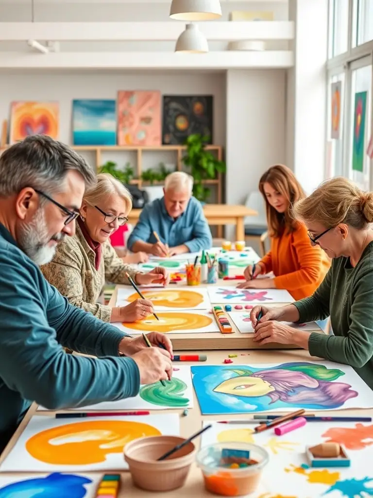 A colorful scene from an art workshop, with participants of all ages creating artwork, highlighting creativity, cultural expression, and community engagement.