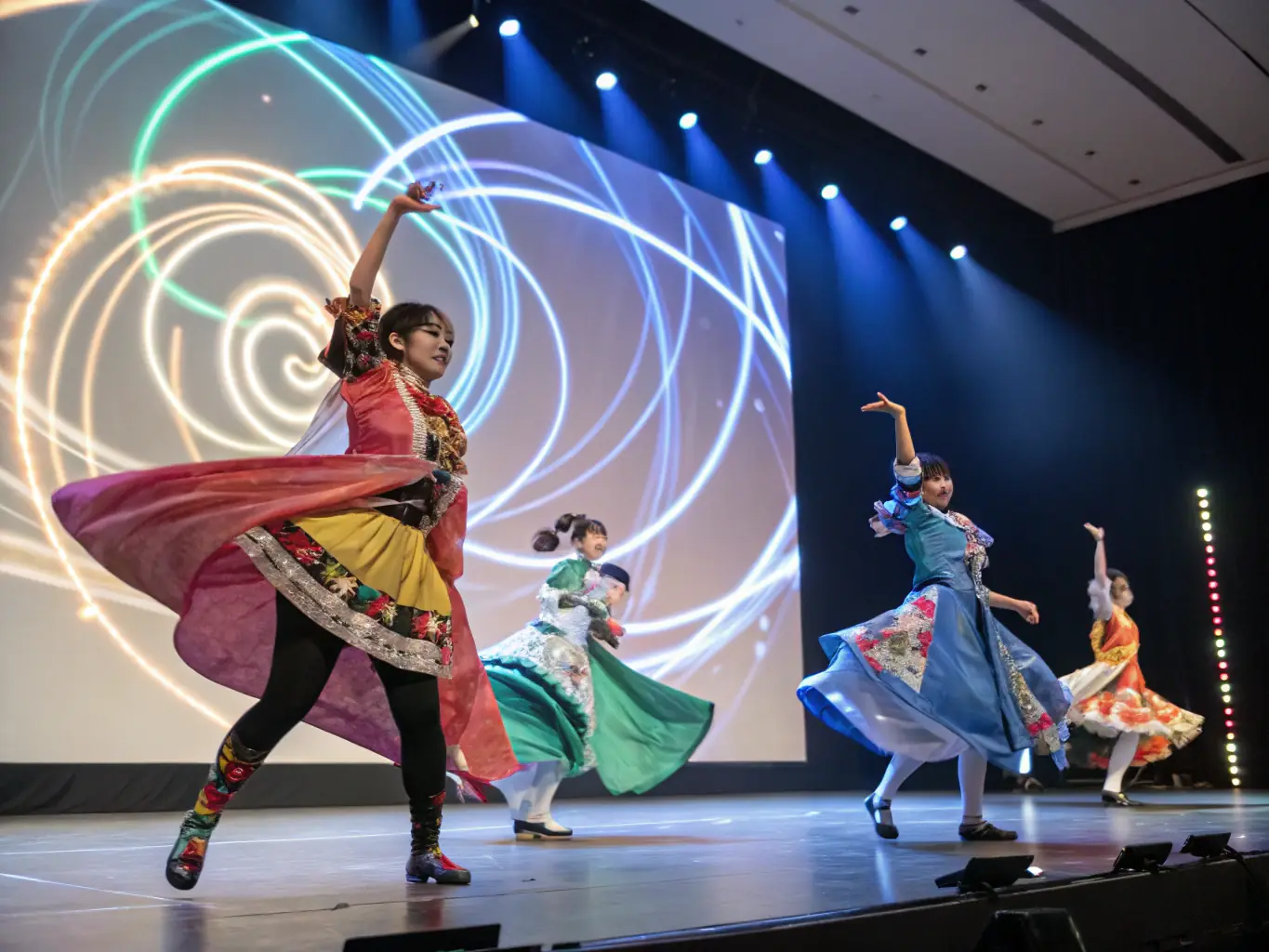 An engaging photo of a diverse group of people participating in a traditional dance workshop, highlighting cultural exchange within ITON SPORTS AND CULTURE's cultural workshops and events.