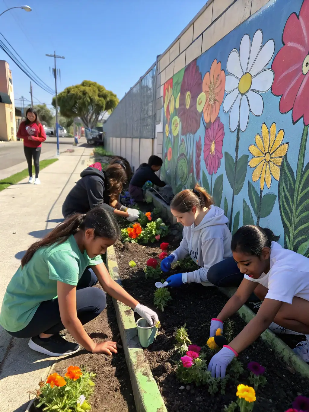 A group of people from different backgrounds working together on a community project, such as painting a mural or planting a garden, showcasing community engagement.