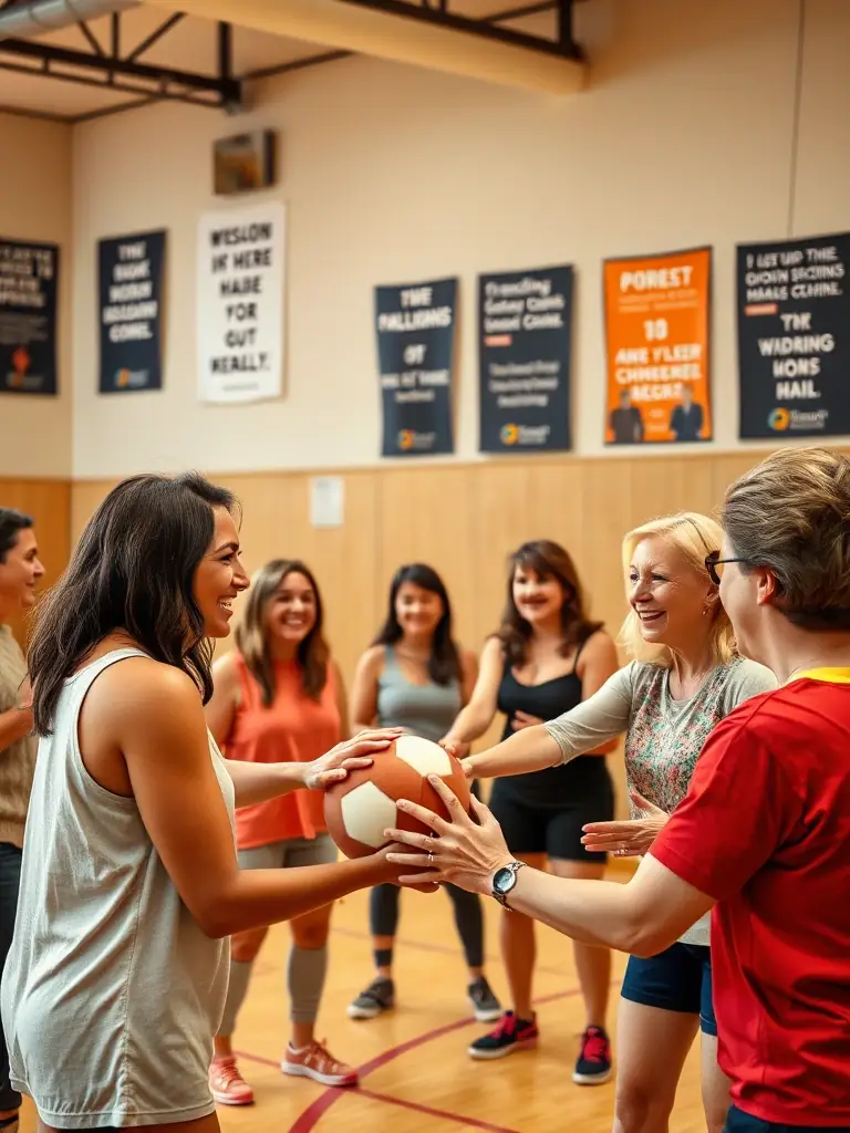 A group of adults engaged in a basketball game at a local community center, emphasizing fitness, camaraderie, and active participation in sports.